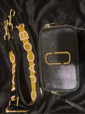 Marc Jacobs Black Crossbody Camera Bag with Pink & Gold Branded Strap